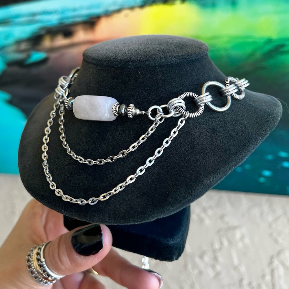 Handmade maille links rose quartz hematite choker necklace stainless steel chain